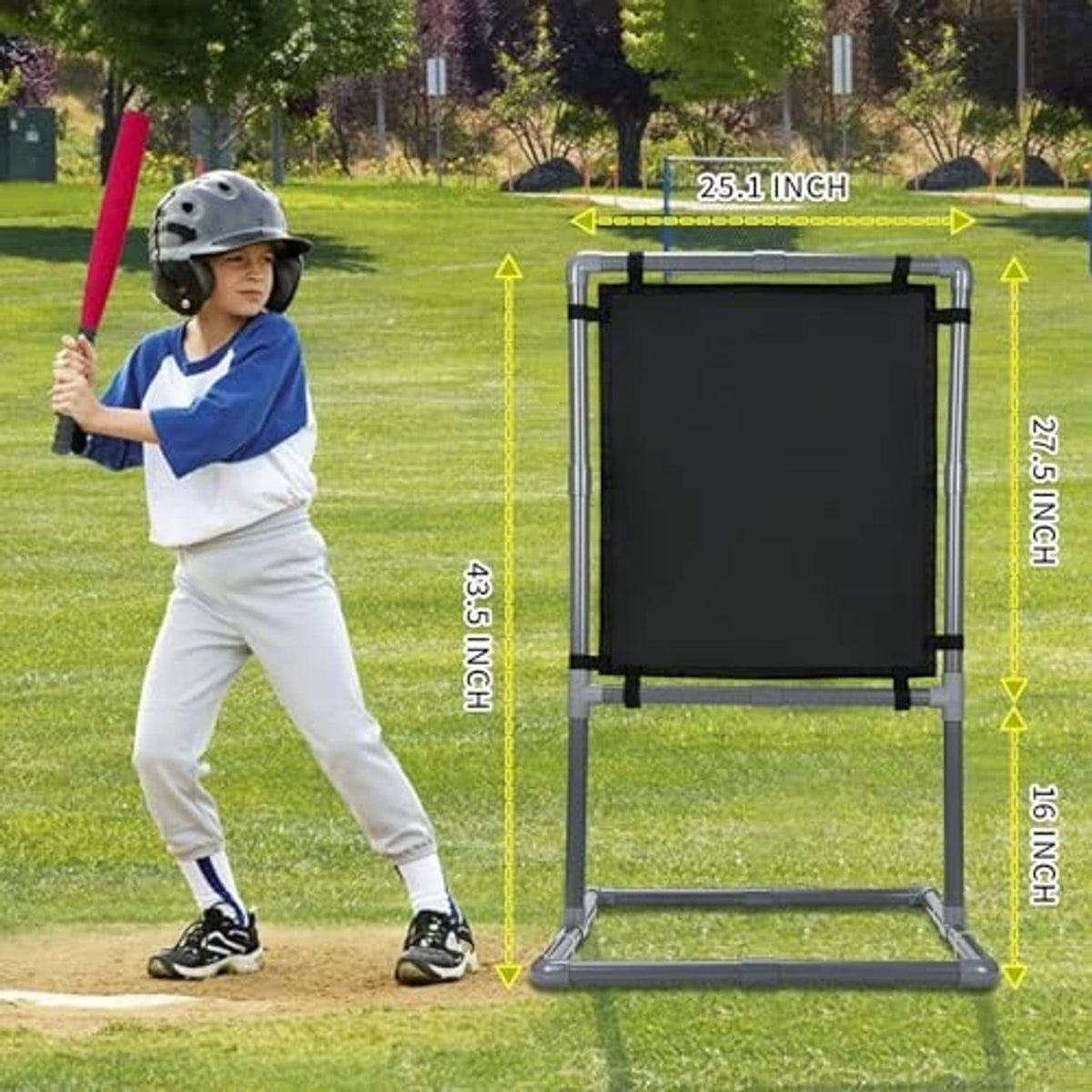 Baseball strike zone trainer with black target board and red-and-gray foldable frame