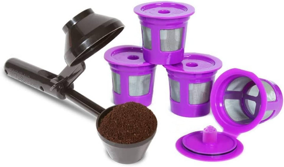 Purple reusable K-cup pods set with scoop, lids, and coffee grounds