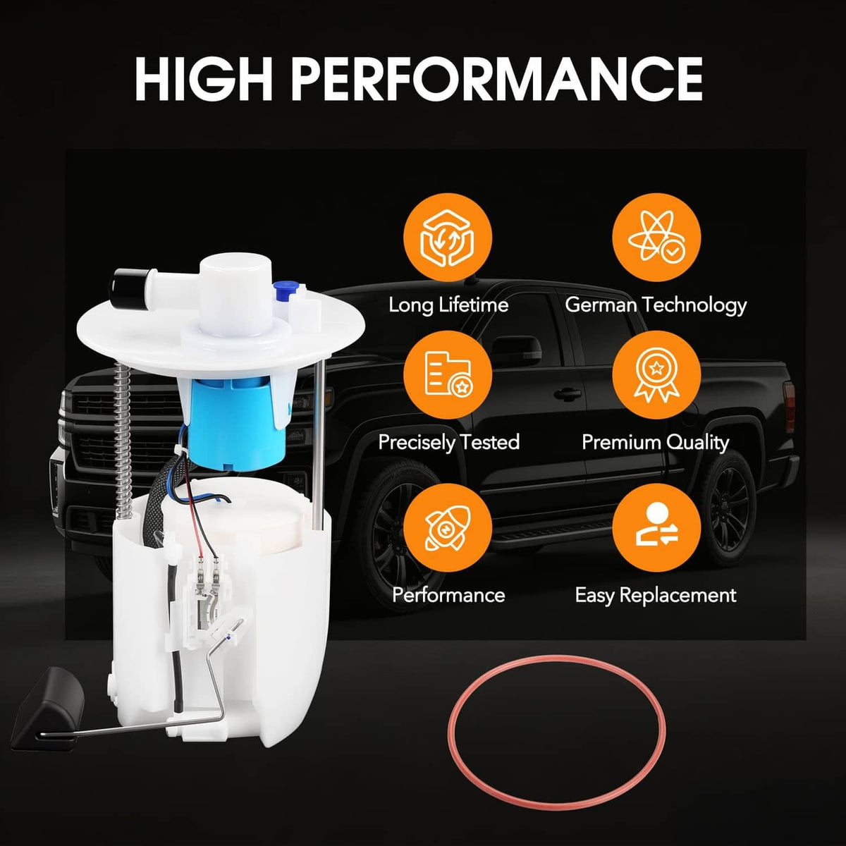 Electric fuel pump module assembly with white housing, blue pump, and wiring