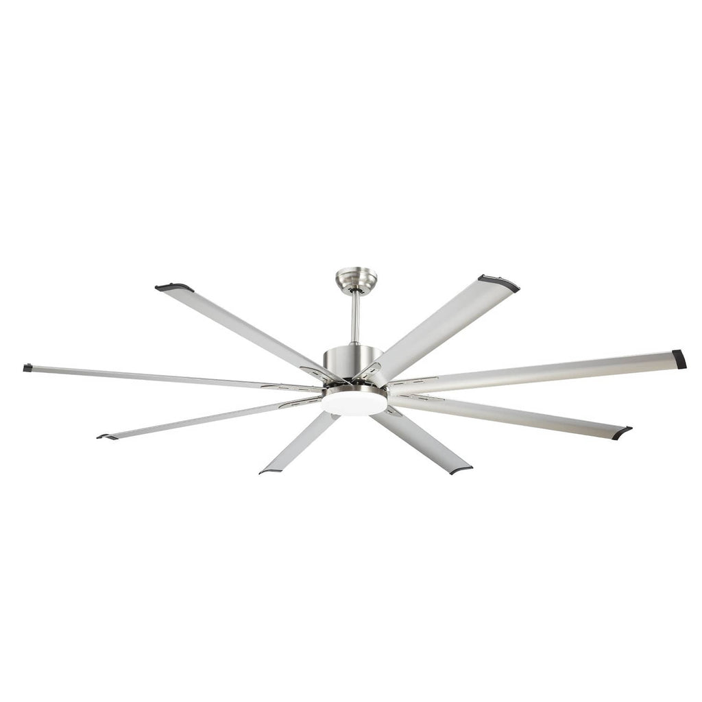Brushed nickel ceiling fan with integrated light and 8 white blades on open ceiling