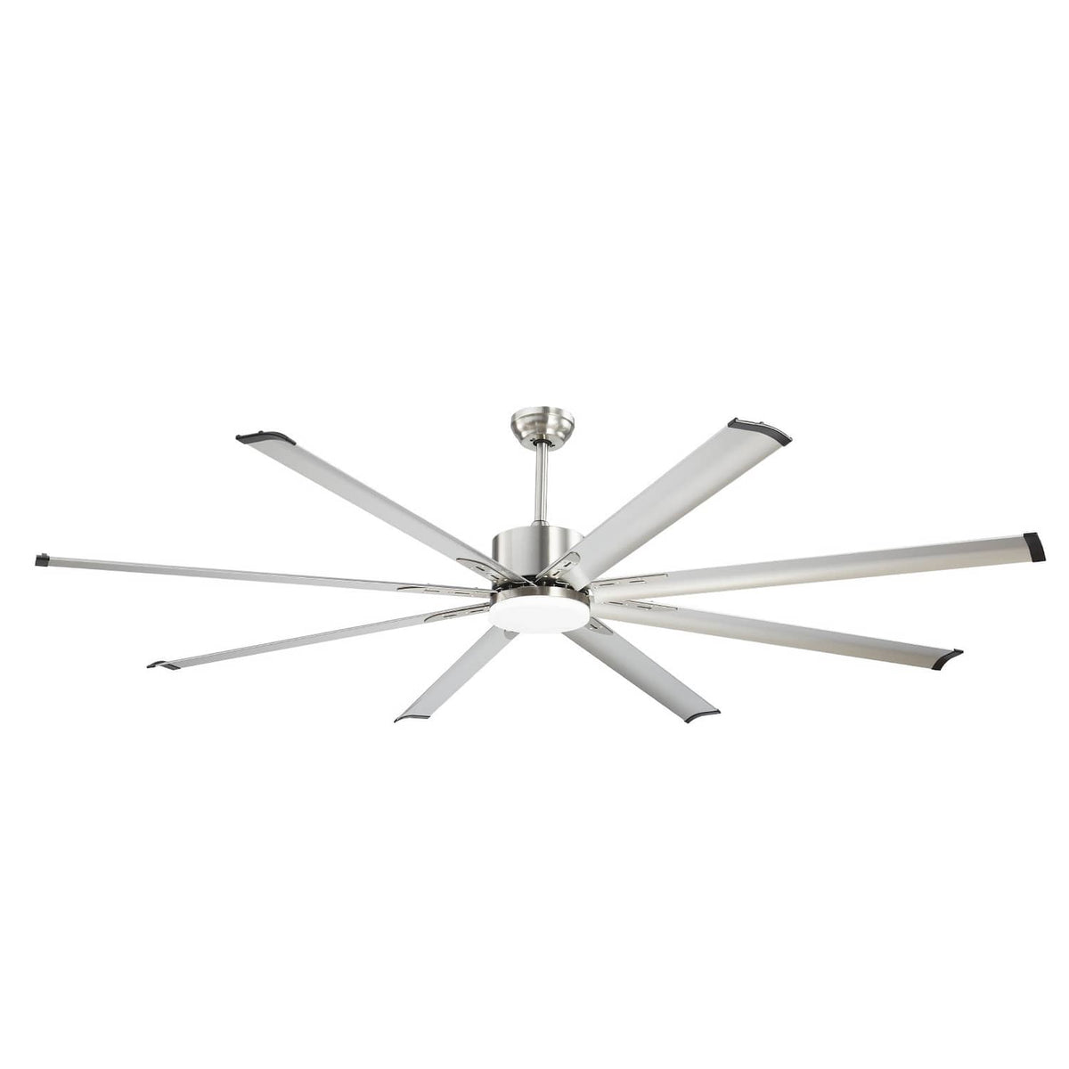 Brushed nickel ceiling fan with integrated light and 8 white blades on open ceiling