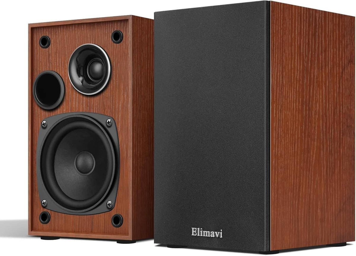Bookshelf speaker angled view, wood finish cabinet, black driver panel with tweeter and woofer