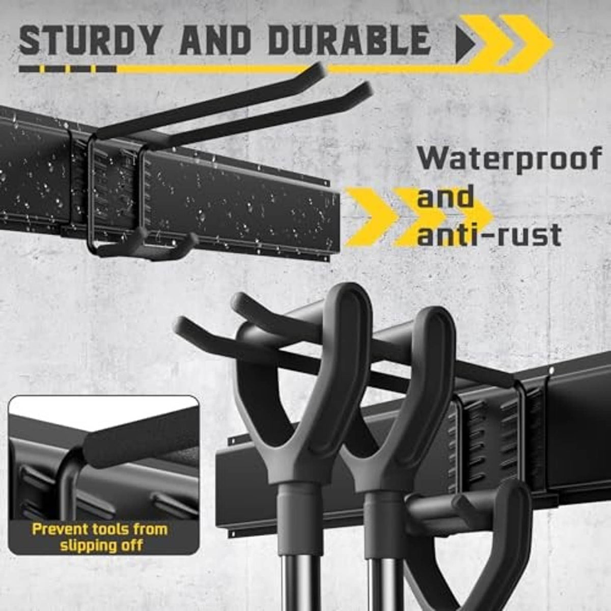 Black steel tool organizer rack with curved hooks and protective anti-rust coating detail