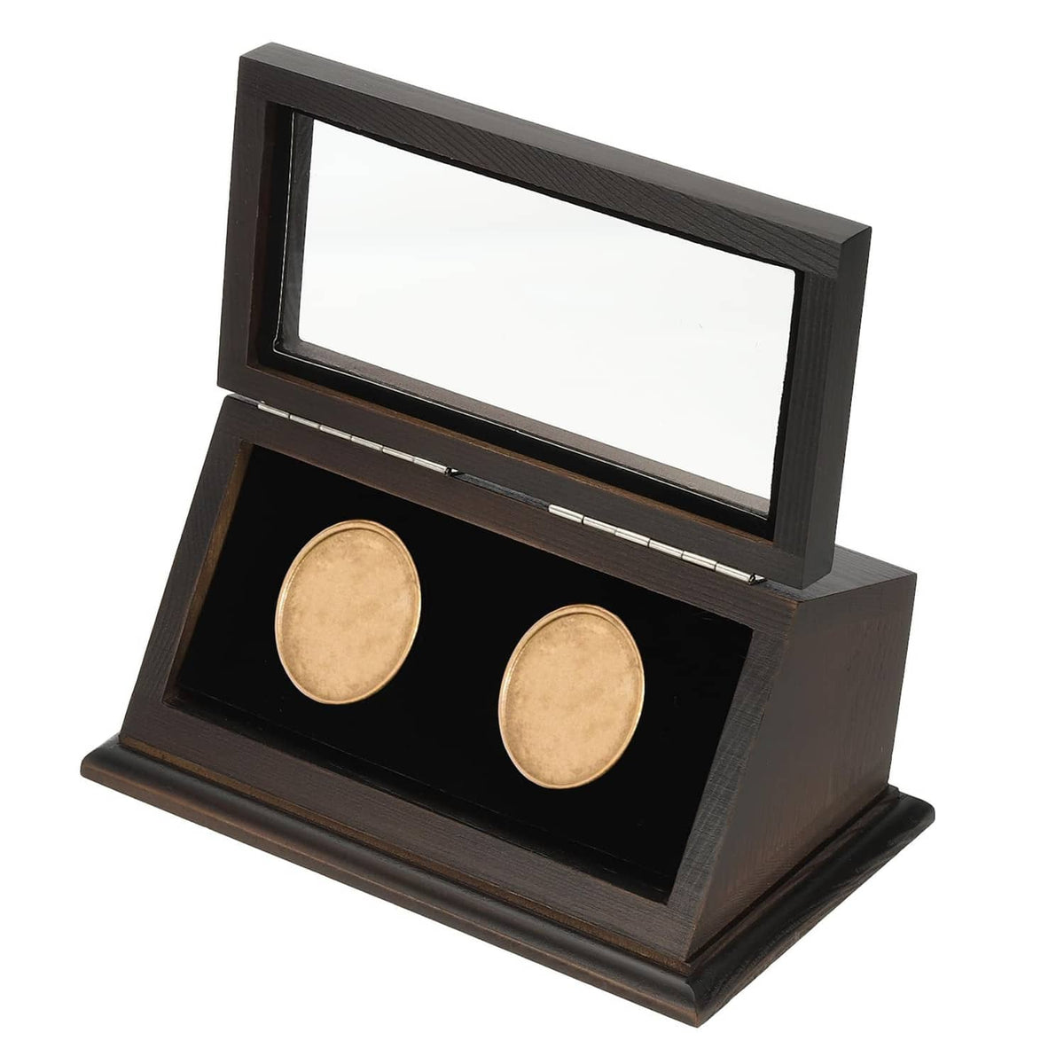 Brown 2-slot coin display case with hinged lid and clear window, open view