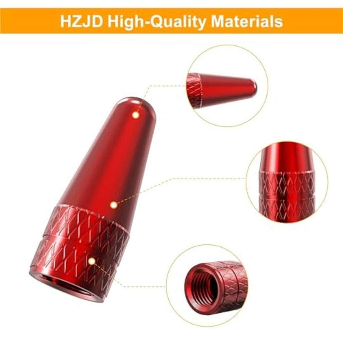 Red Presta valve cap set, close-up of diamond grip pattern and threaded end