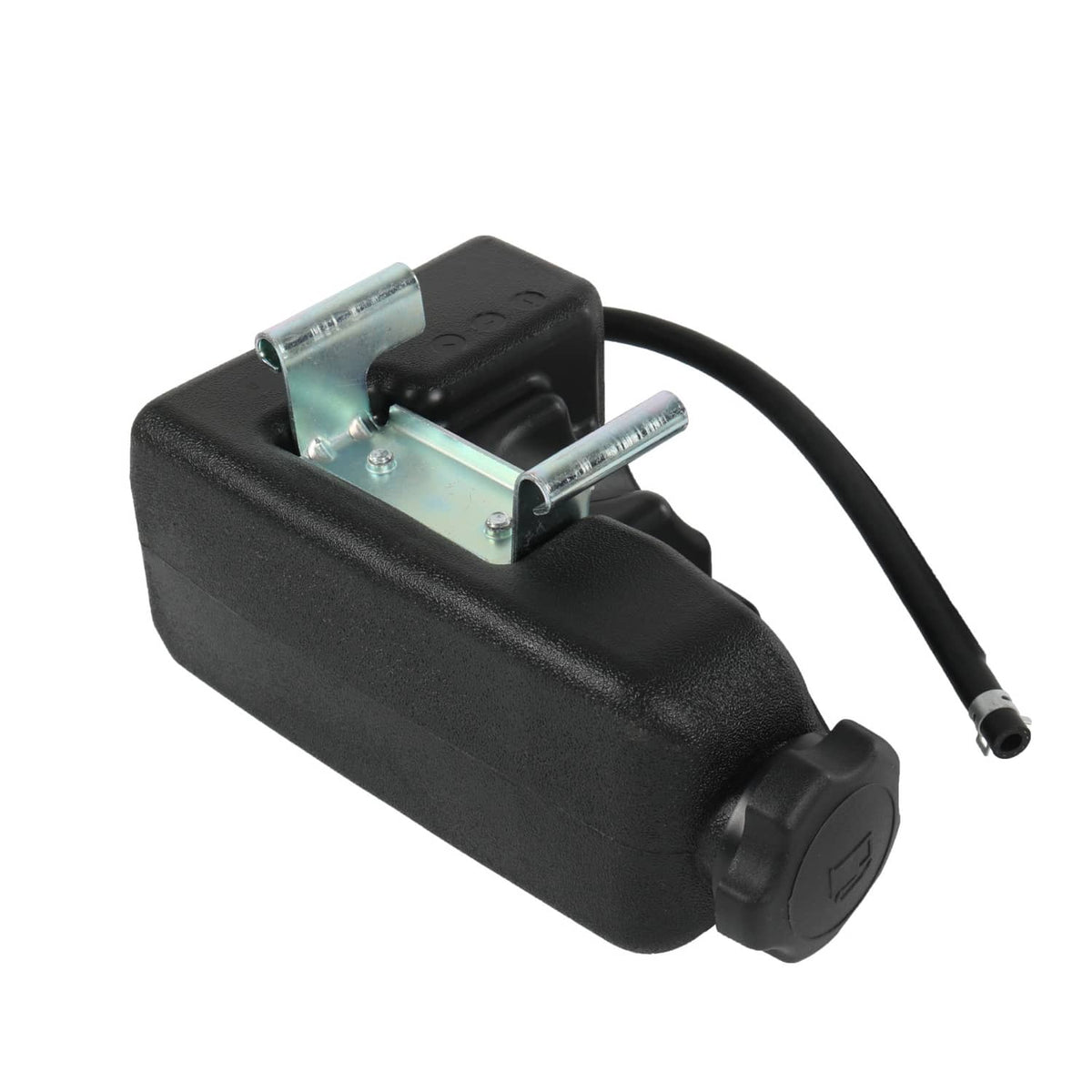 Black fuel tank with cap, metal bracket hardware, and fuel hose connection