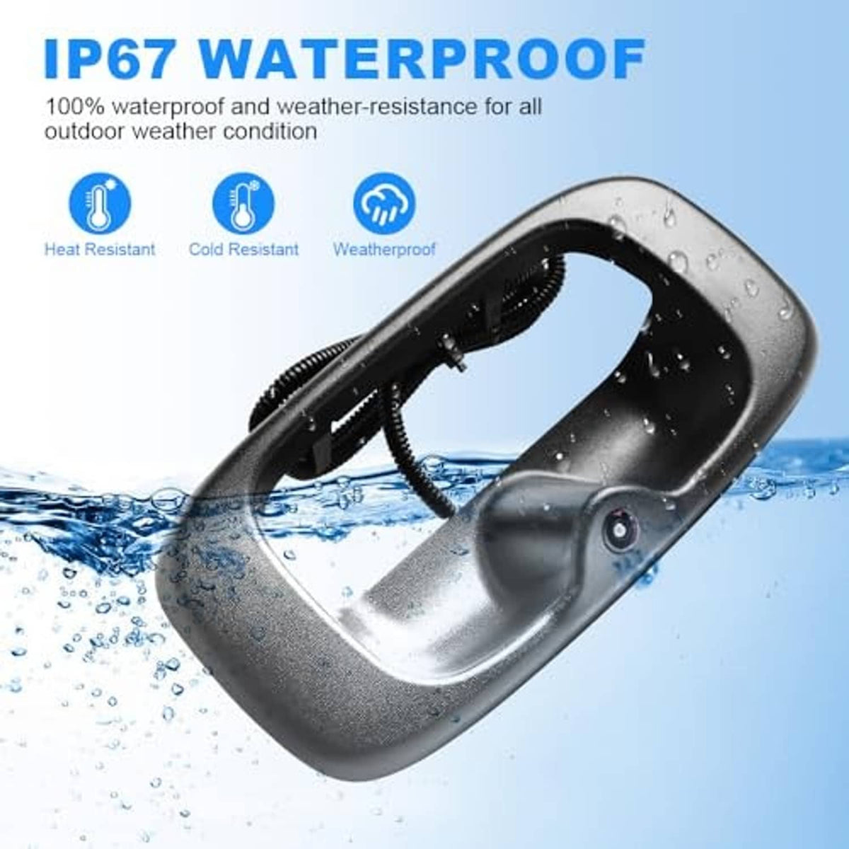 Waterproof tailgate handle backup camera with black camera housing and water droplets