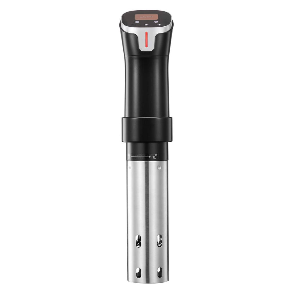 Uimoso sous vide precision cooker side view with black top and stainless steel immersion wand