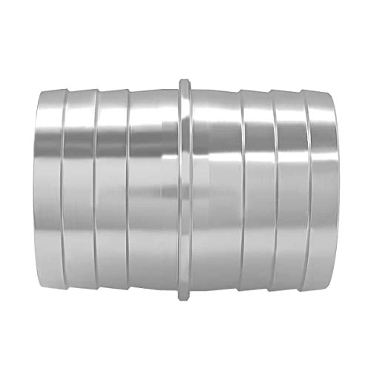 Silver metal hose barb coupler with ridged sleeve body and stepped center ring