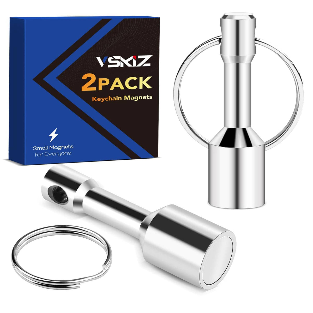 Stainless keychain magnet tester with metal ring and cylindrical bar, 2-pack