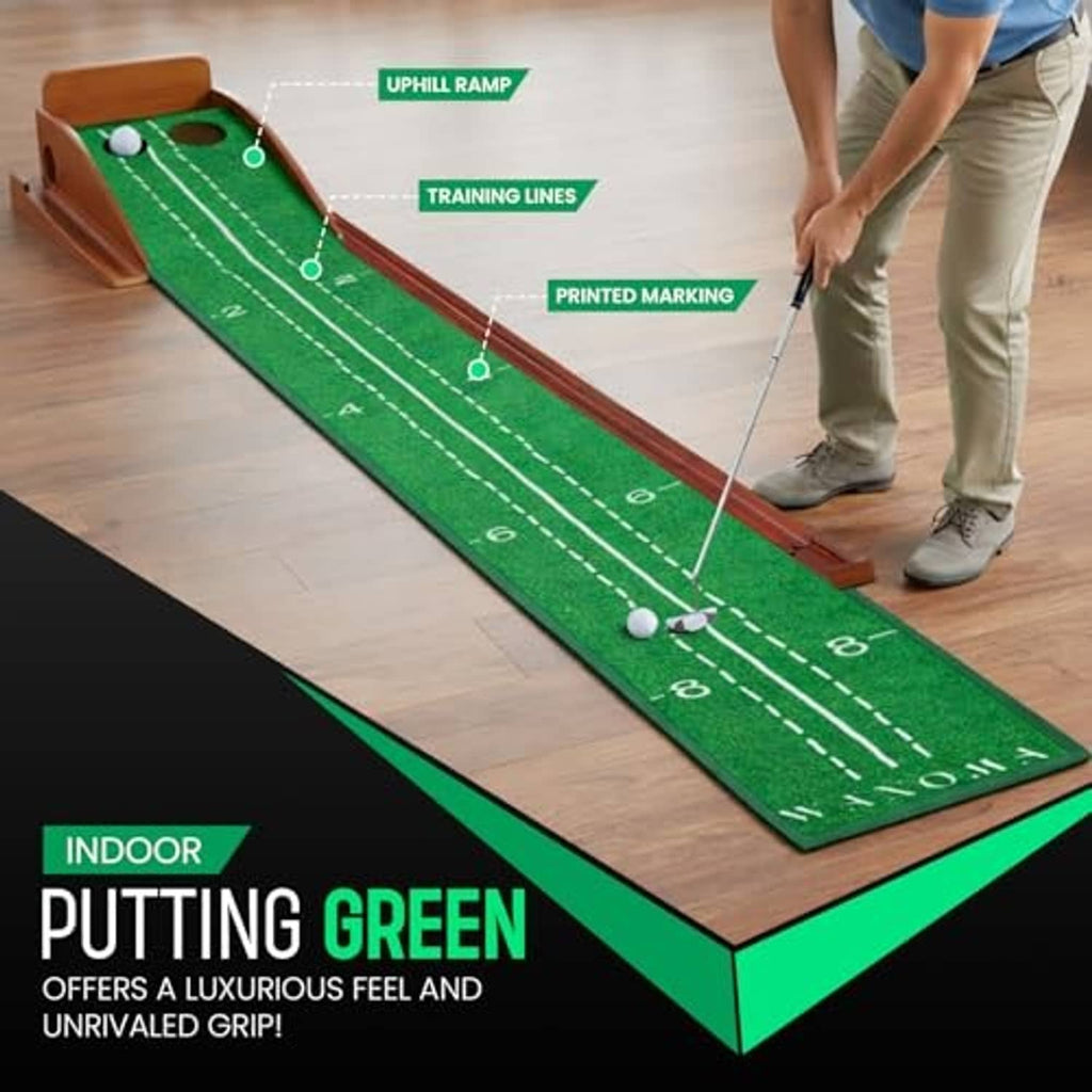Green putting green mat with dashed practice lines, two holes, and wooden ramp