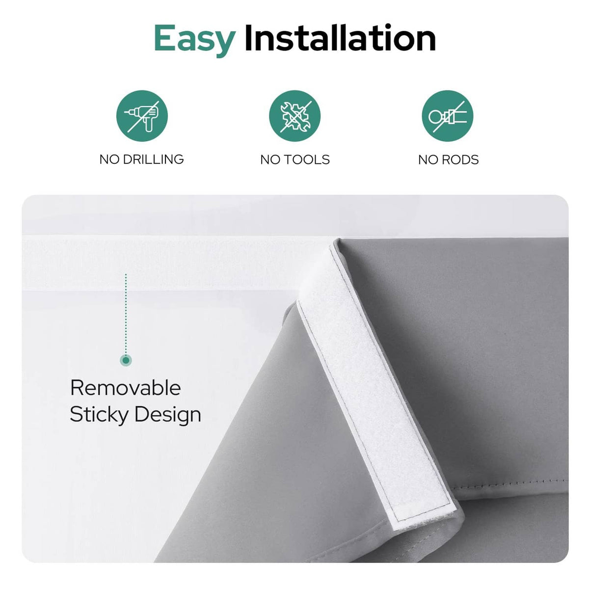 Light grey blackout curtain panel detail with removable sticky adhesive edge