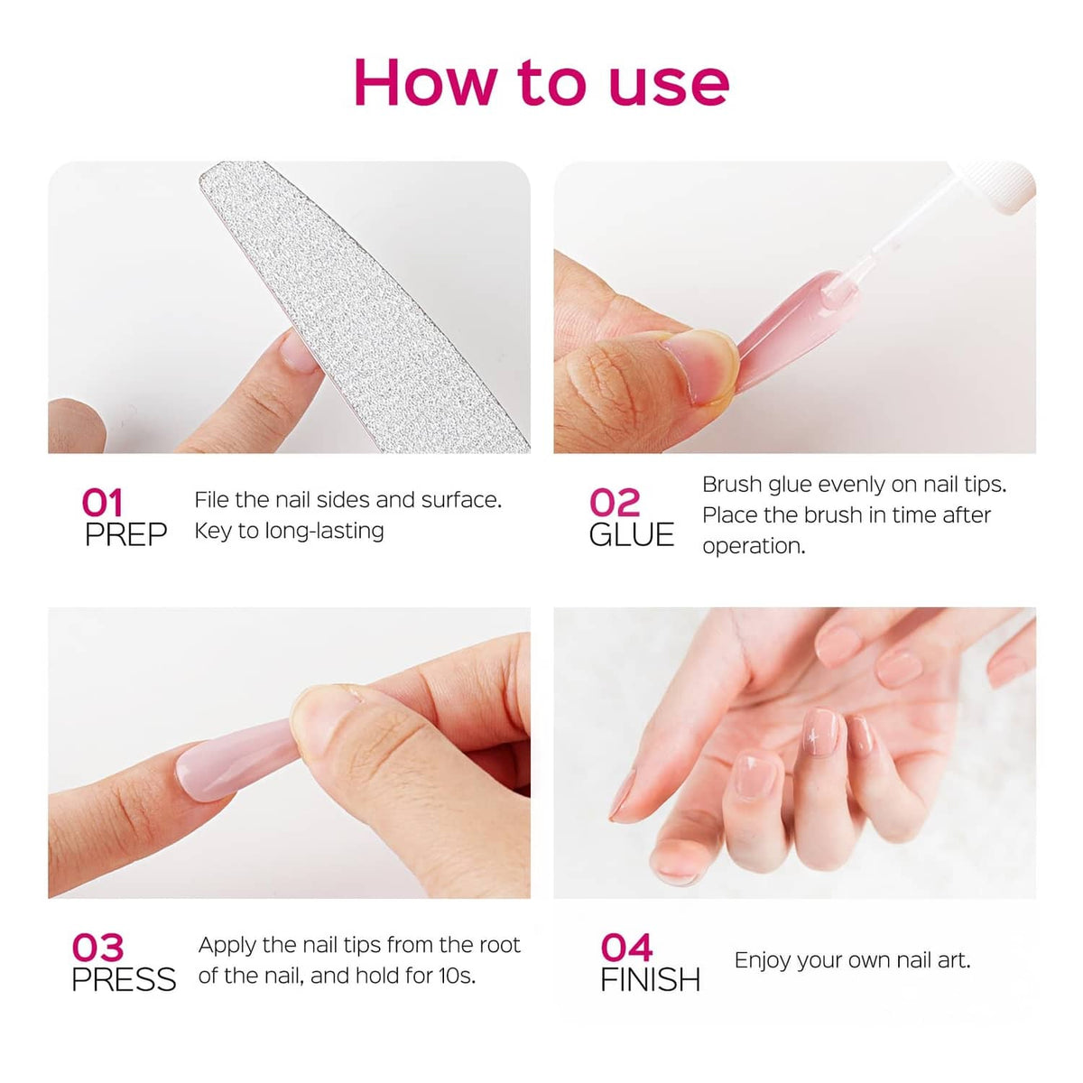 Nail glue use steps showing brush-on glue application on fingernails
