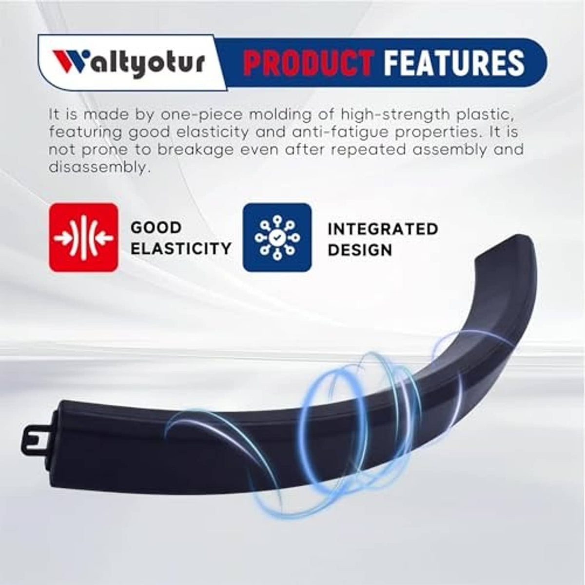 Black curved bumper filler trim with side mounting tab and clip