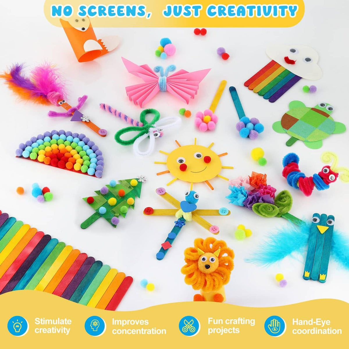 Assorted kids craft materials, including rainbow pom-poms, pipe cleaners, folded paper