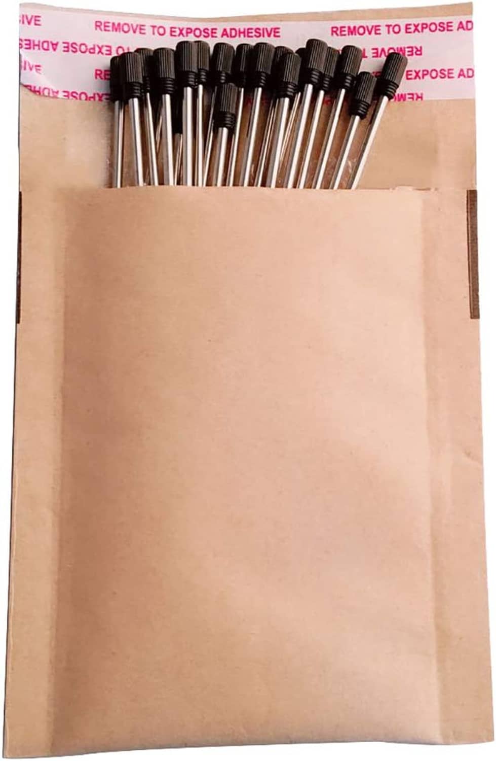 Kraft paper pouch holding multiple ballpoint pen refills with black caps