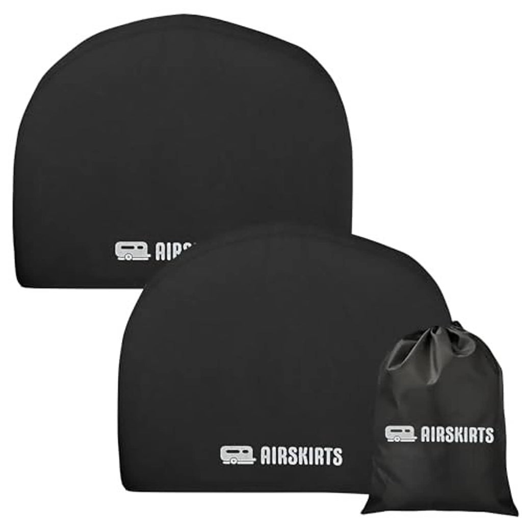 Black tire cover set with AIRSKIRTS logo and drawstring storage bag