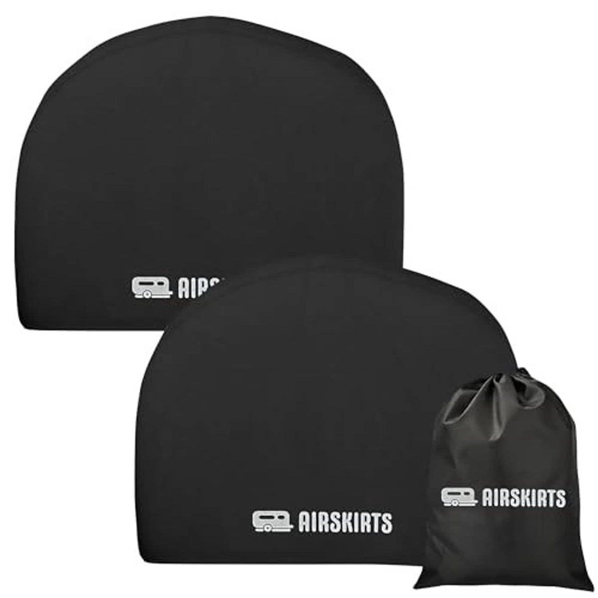 Black tire cover set with AIRSKIRTS logo and drawstring storage bag