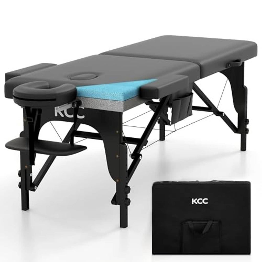 Portable massage table with dark gray top, padded headrest, side armrests, black frame