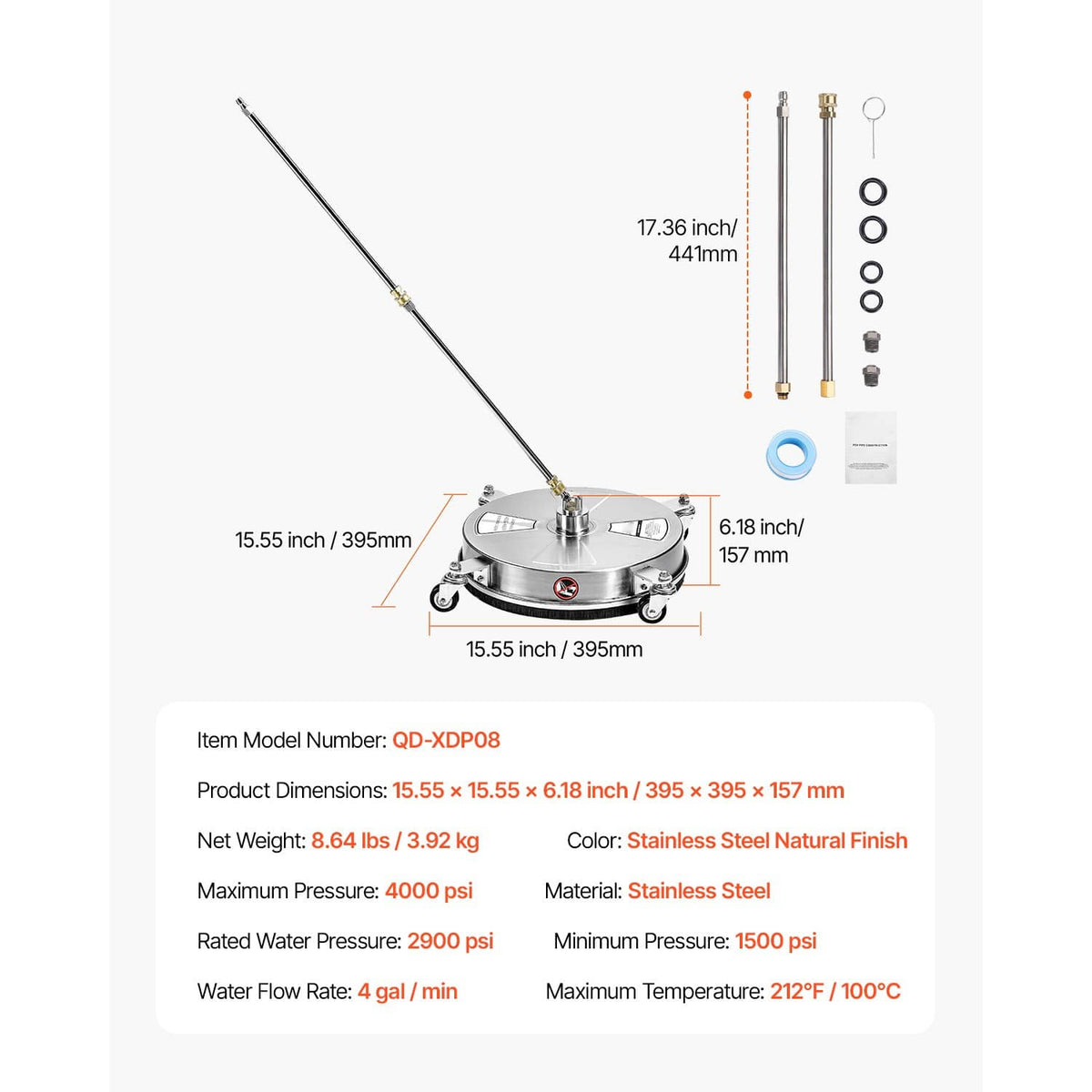 Pressure washer surface cleaner with dimensions label and included parts layout