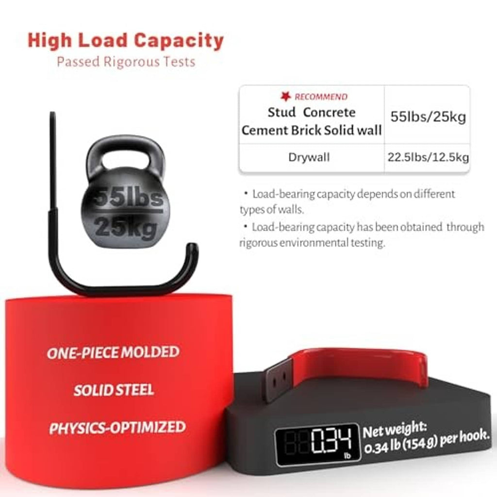 Red and black heavy-duty steel wall hook with load-capacity dial graphic