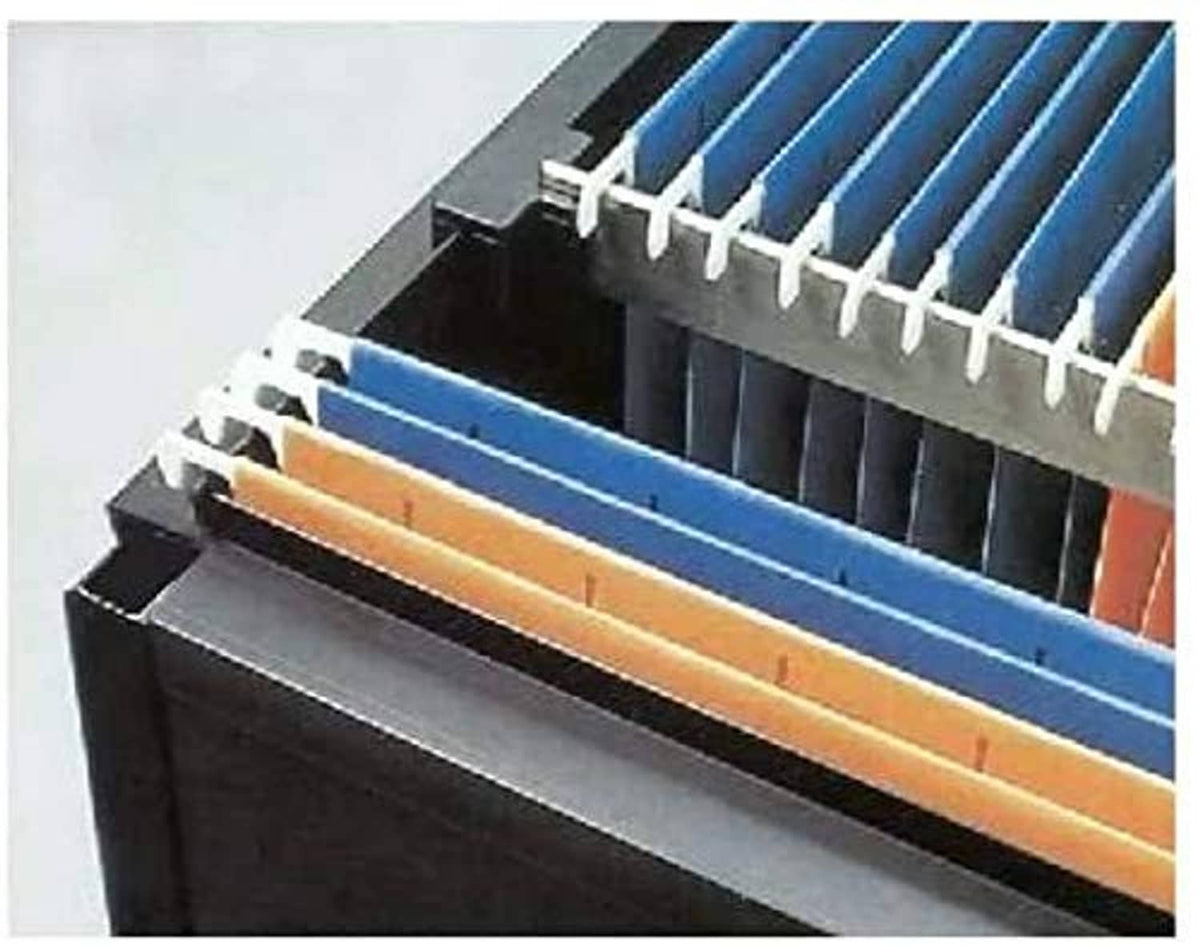 Black hanging file rail clips attached along a file rail bar