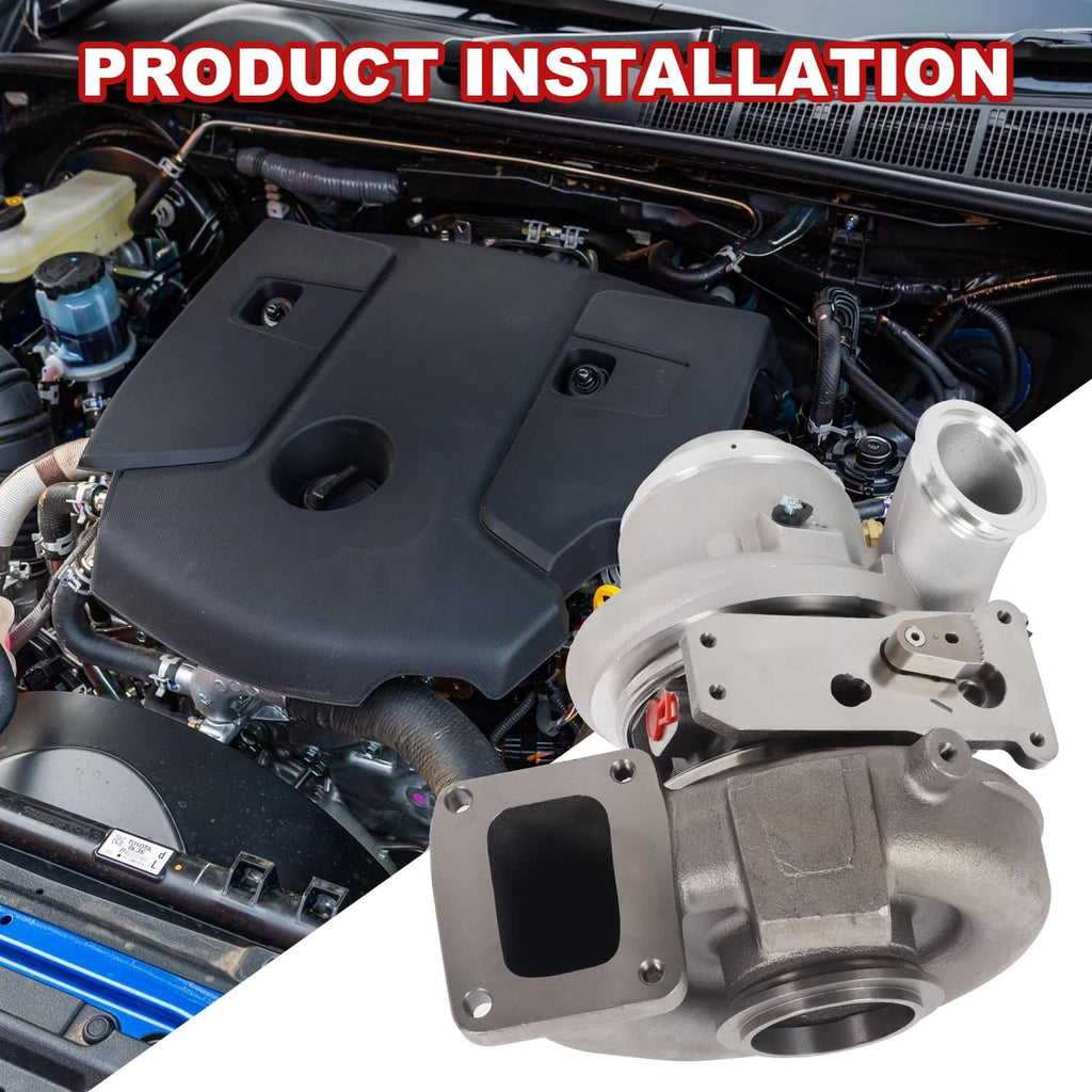 Turbocharger installed on engine, silver housing with mounting bracket and intake connections.
