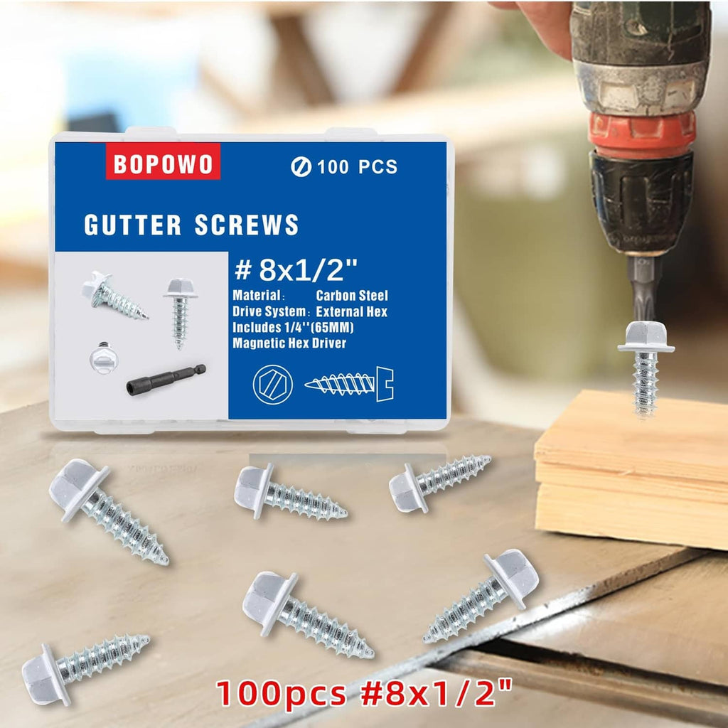 Pack of white self-tapping gutter screws, 100 pcs, with washers and hex drive