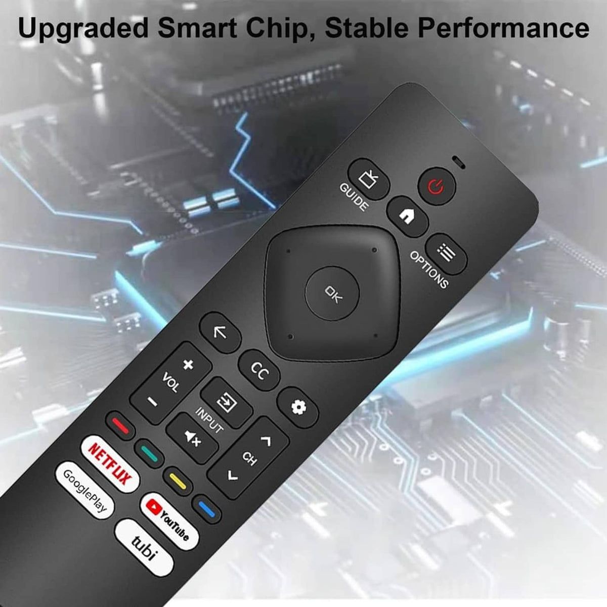 Black TV remote control close-up with OK center pad and GUIDE/OPTIONS keys
