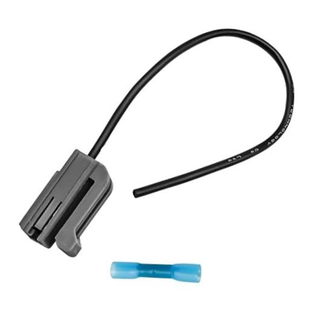 Alternator pigtail wiring harness with gray connector, black wire leads, blue heat-shrink end