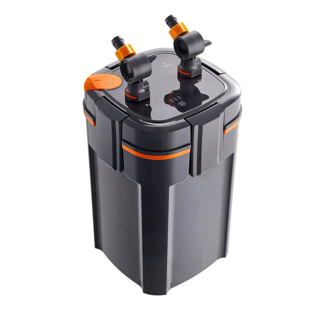 External aquarium canister filter top view with two angled ports and orange control accents, black and gray