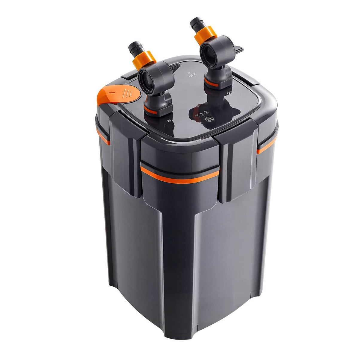 External aquarium canister filter top view with two angled ports and orange control accents, black and gray