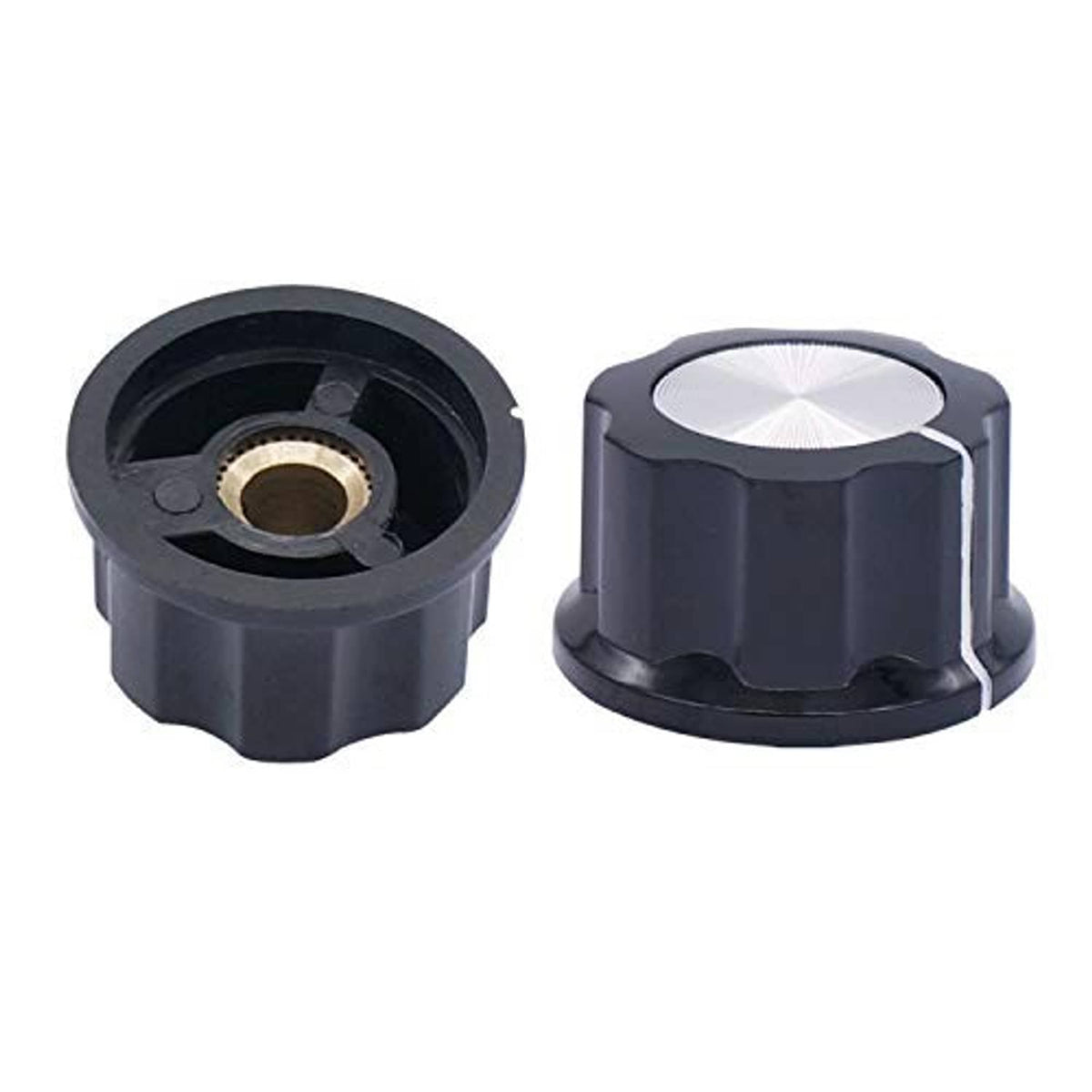 Rotary potentiometer pair bottom views: black caps and visible mounting insert