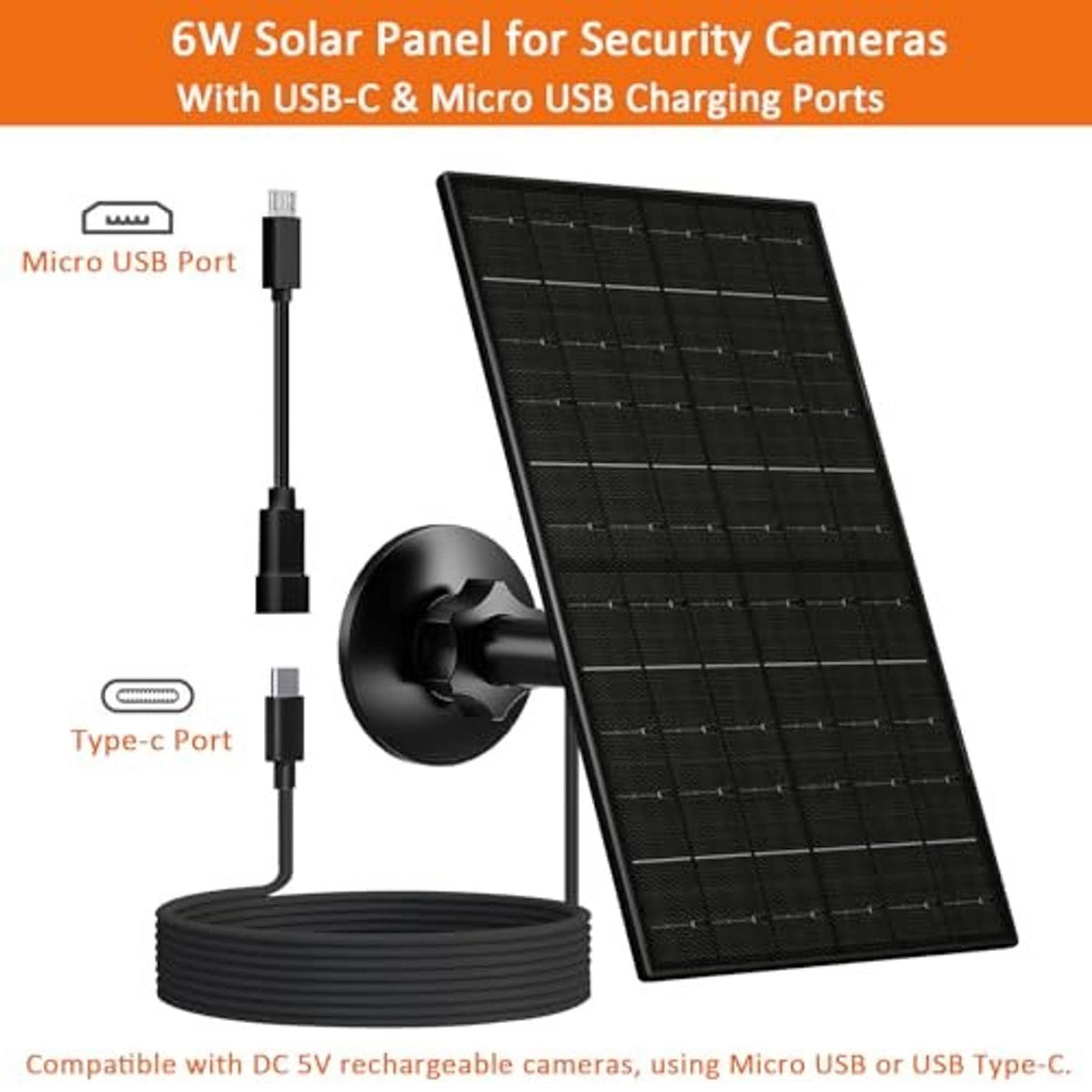 6W outdoor solar panel with USB-C and Micro USB cables and wall mount bracket