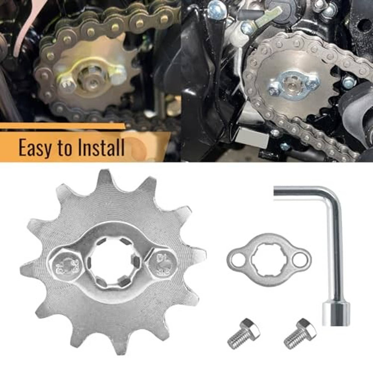 Motorcycle front engine sprocket and chain drive area with sprocket hardware