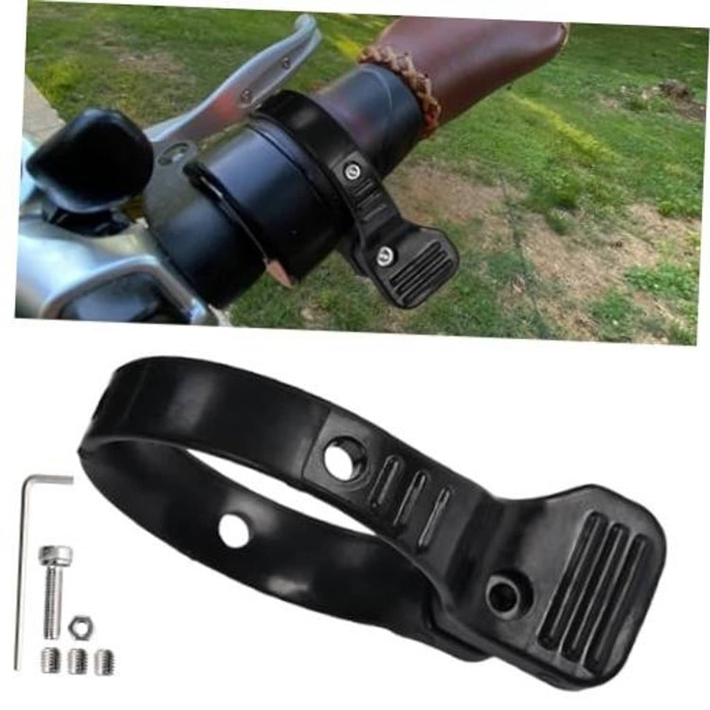 Black e-bike thumb throttle adapter on handlebar with mounting strap and switch