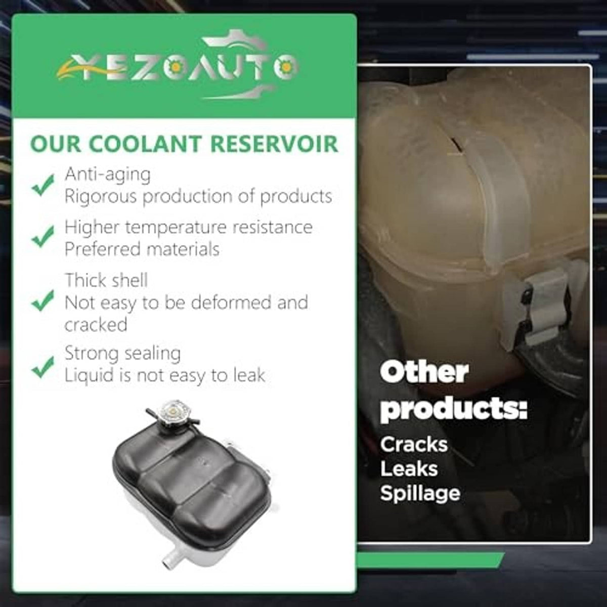 Coolant reservoir with cap and mounting base, shown on product information card