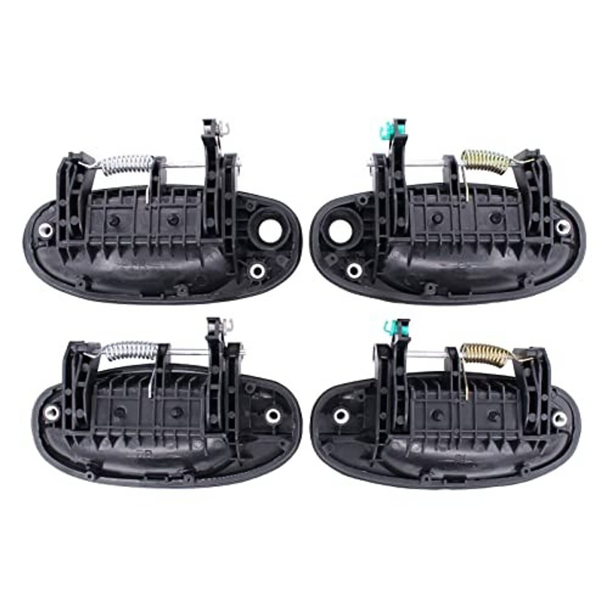 Textured matte black exterior door handle housings with latch springs and parts