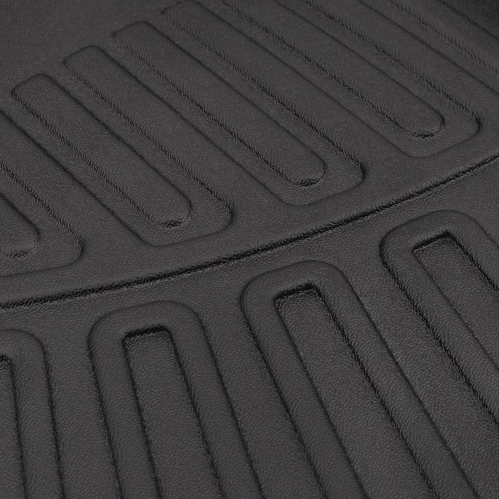 Textured close-up of black floor mat surface with raised lines and shallow channels