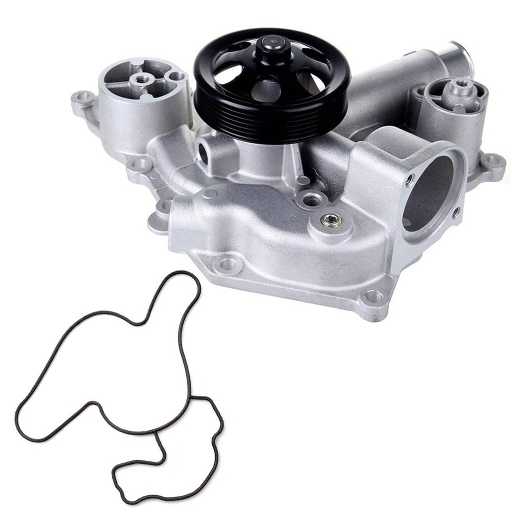 Engine water pump assembly with black pulley, silver housing, and attached gasket