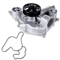 Engine water pump assembly with black pulley, silver housing, and attached gasket