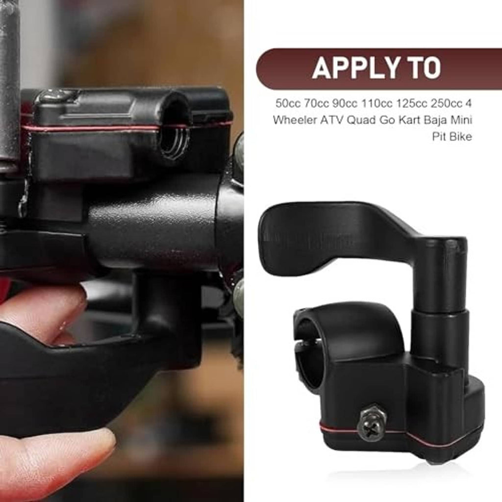 Black thumb throttle cable accelerator handle mounted on handlebar with clamp screws
