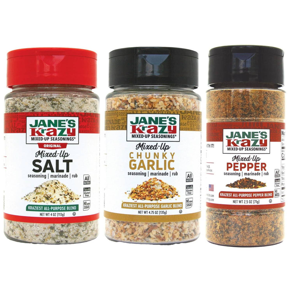 3-piece mixed-up seasoning spice jars: salt, garlic, pepper, red and black lids
