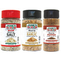 3-piece mixed-up seasoning spice jars: salt, garlic, pepper, red and black lids