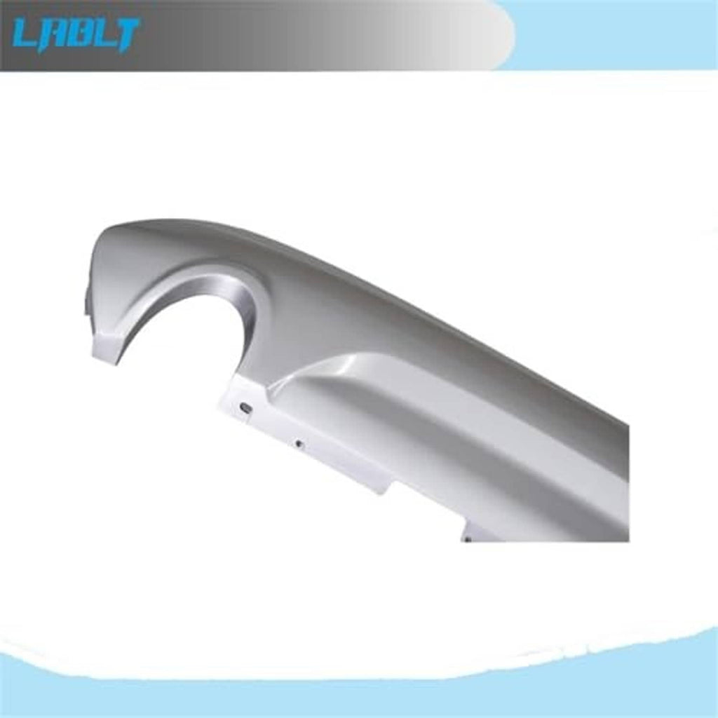 Rear lower bumper cover, silver-gray side section with molded recess and cutout