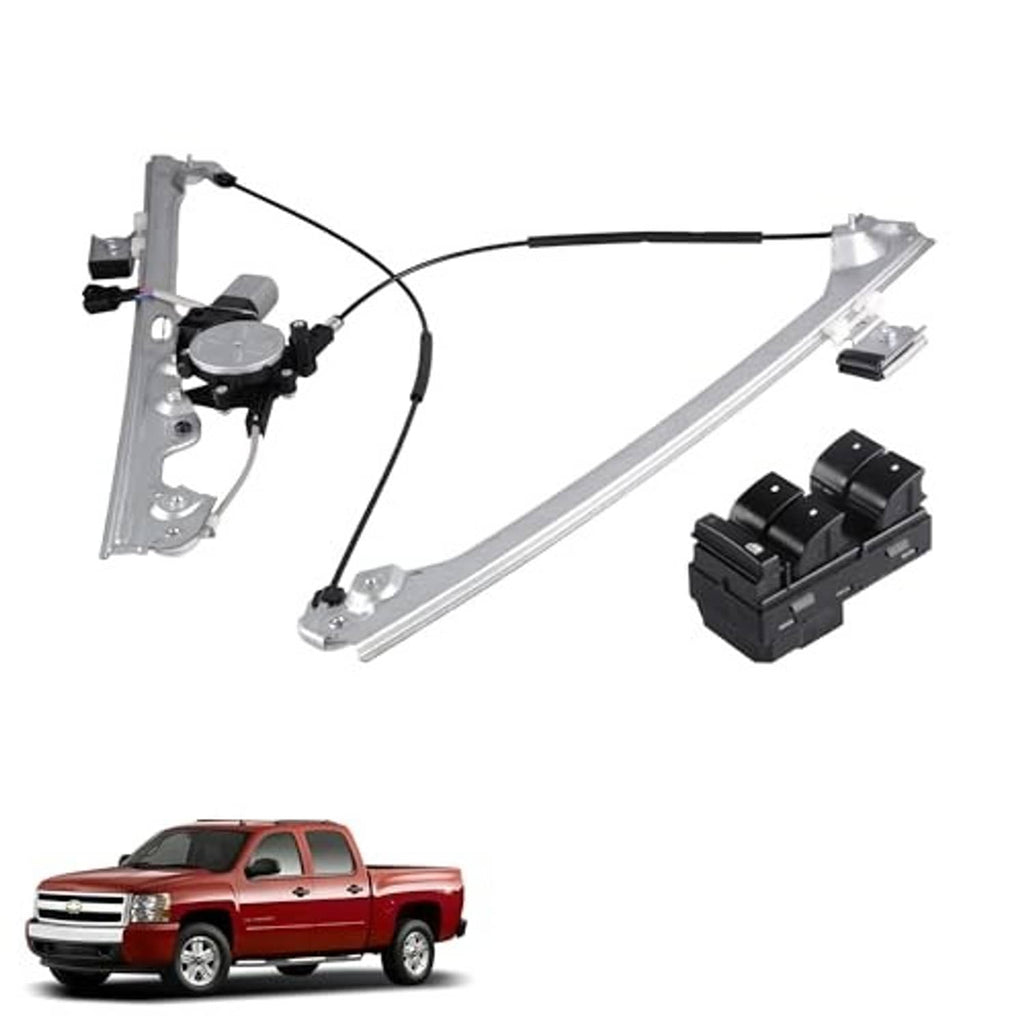 Complete front left power window regulator with motor, window guide rail, and switch