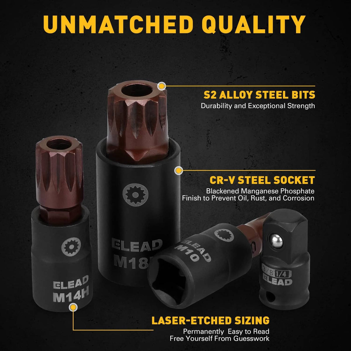 S2 alloy steel spline bit sockets with CR-V steel socket adapters in black and brown