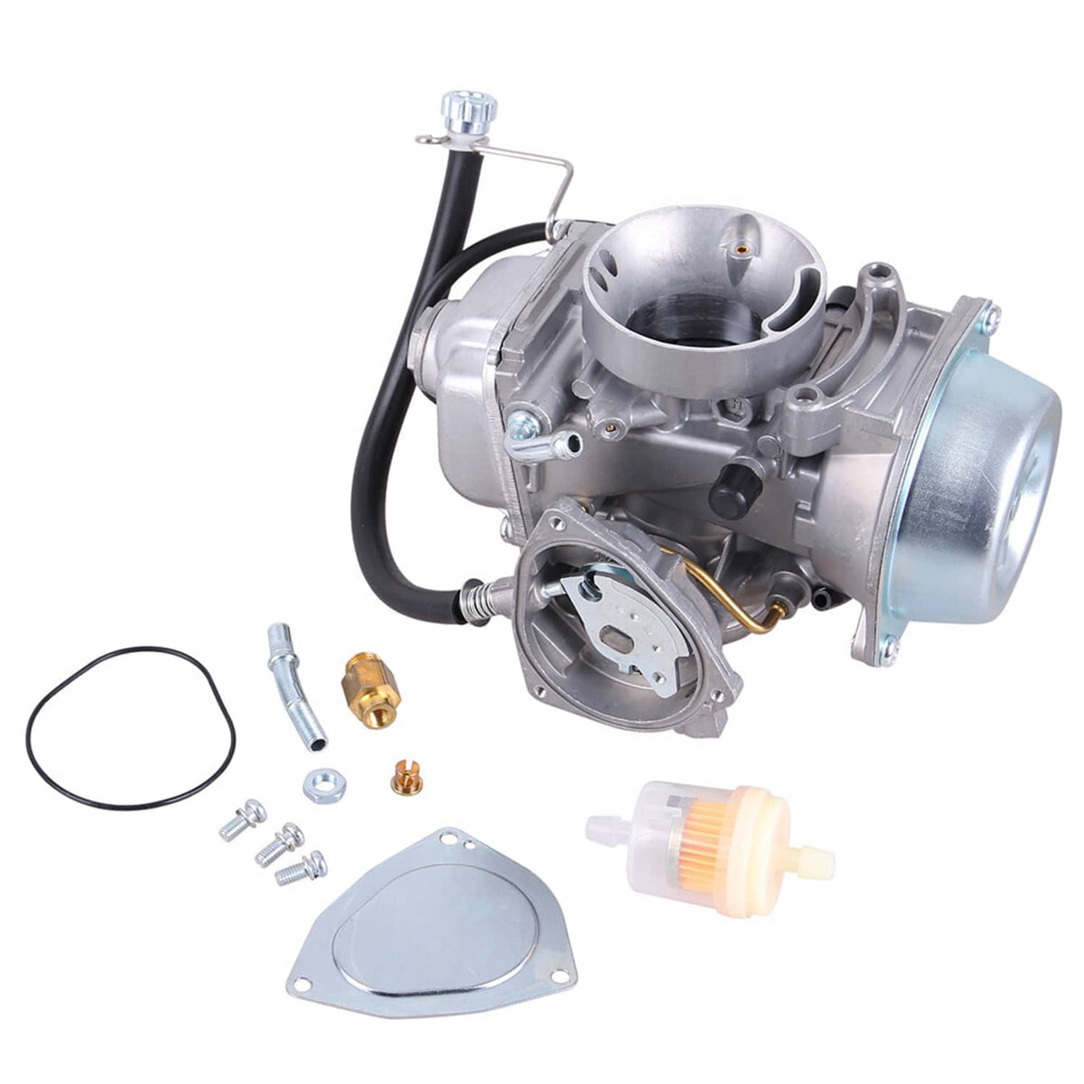 Carburetor and fuel pump assembly with silver carb body, black hose, and packaged components