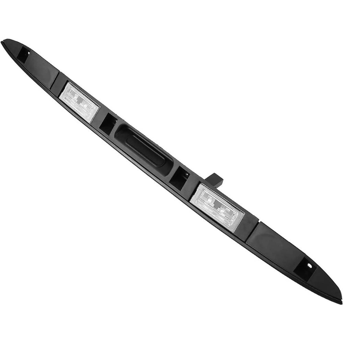 Black tailgate grip handle trim bar close-up showing integrated light housings and slots