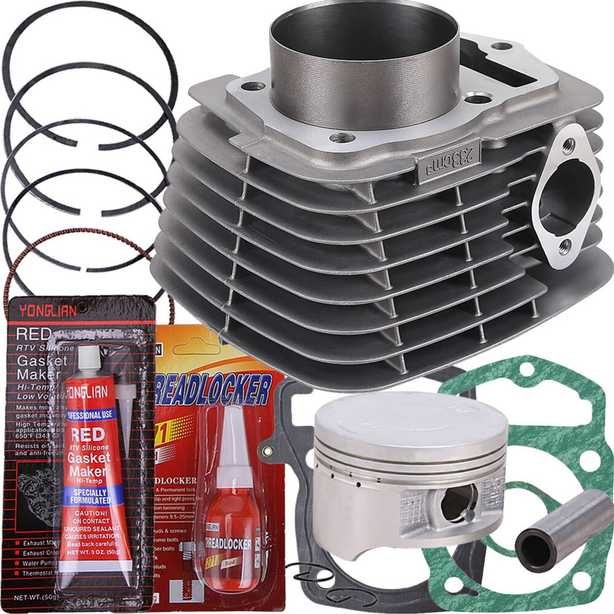 Top end kit with gray cylinder fins, piston, green gasket, and piston rings